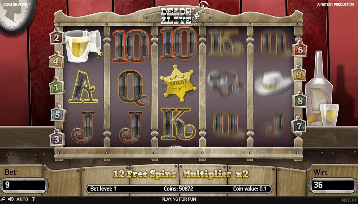 Dead or Alive, schermata dei giri gratis con 12 Free Spins e moltiplicatore x2
