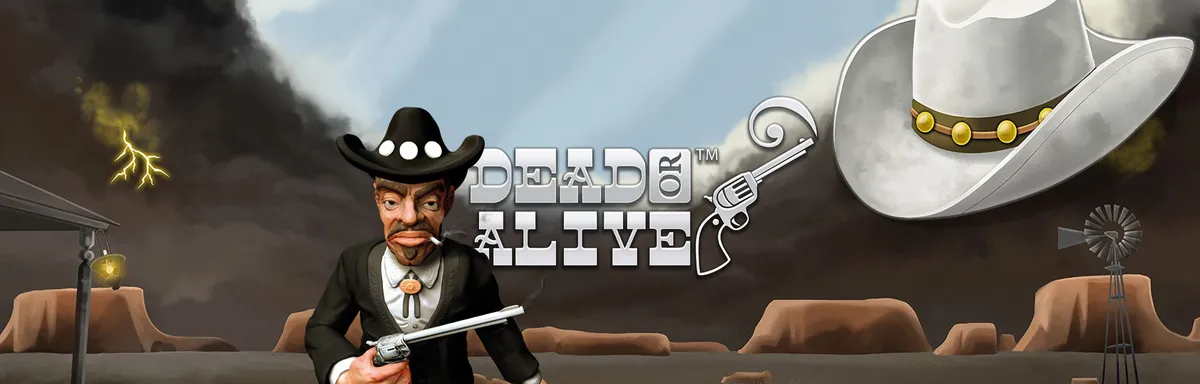 Dead or Alive di NetEnt, immagine promozionale con un fuorilegge del Far West e il logo del gioco