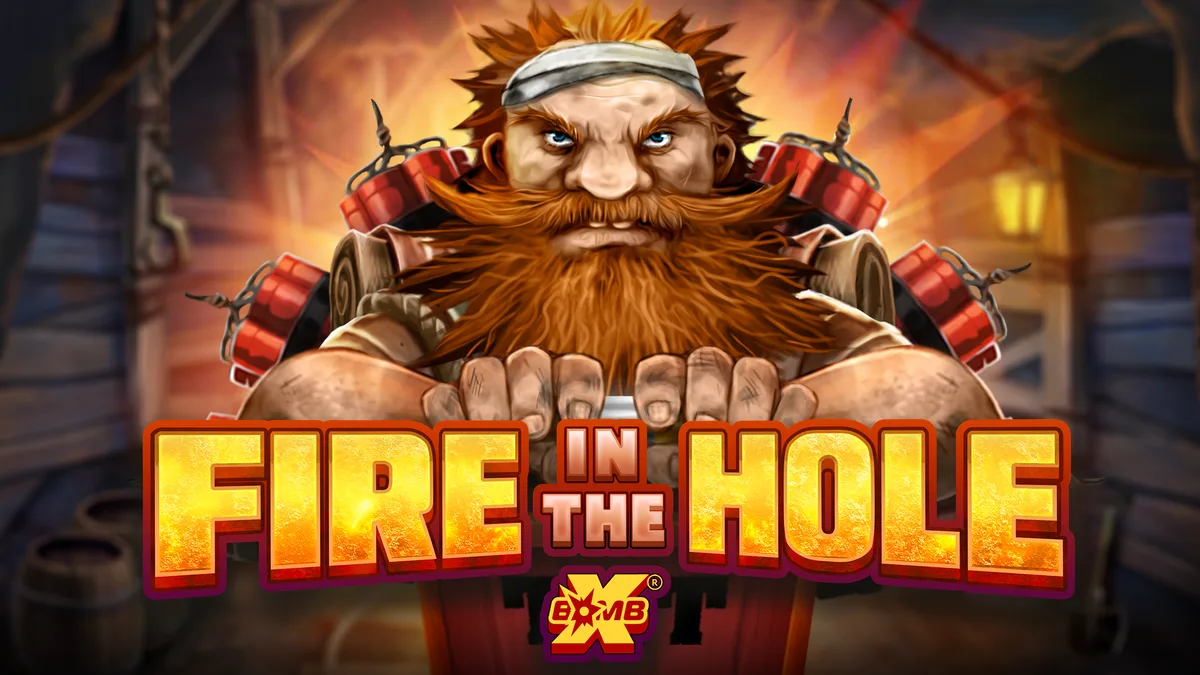 Fire in the Hole xBomb di Nolimit City, il nano minatore con la dinamite e il logo del gioco