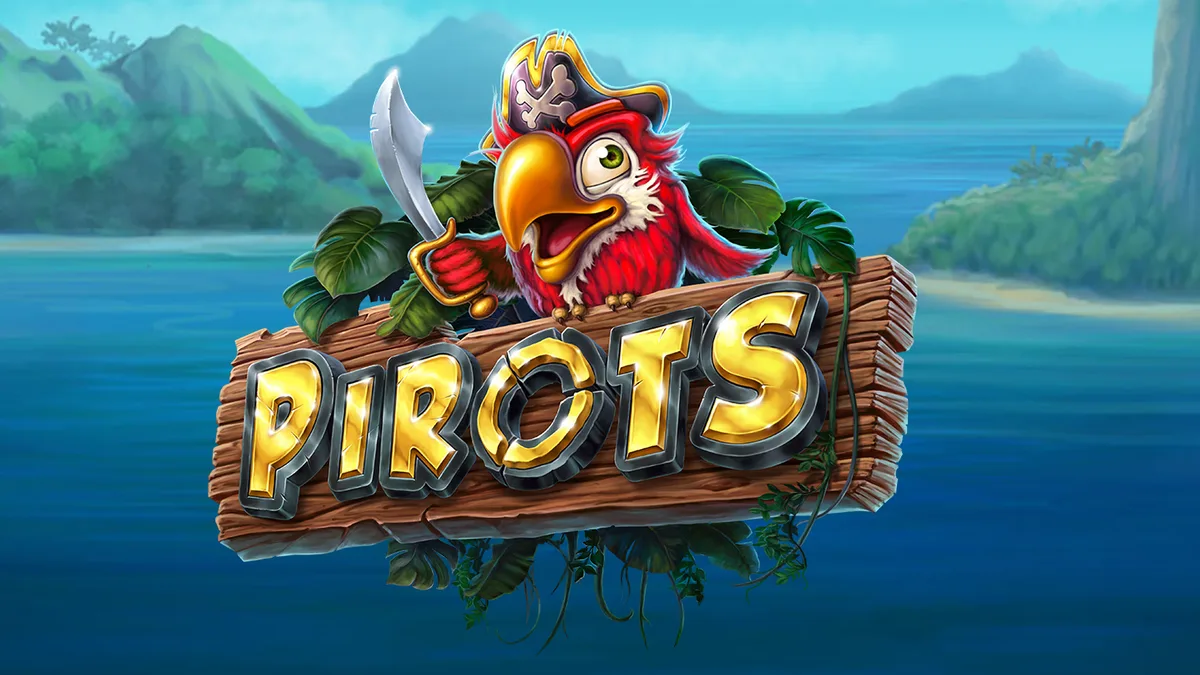 Pirots di ELK Studios, immagine promozionale con il pappagallo pirata e il logo su un'isola tropicale