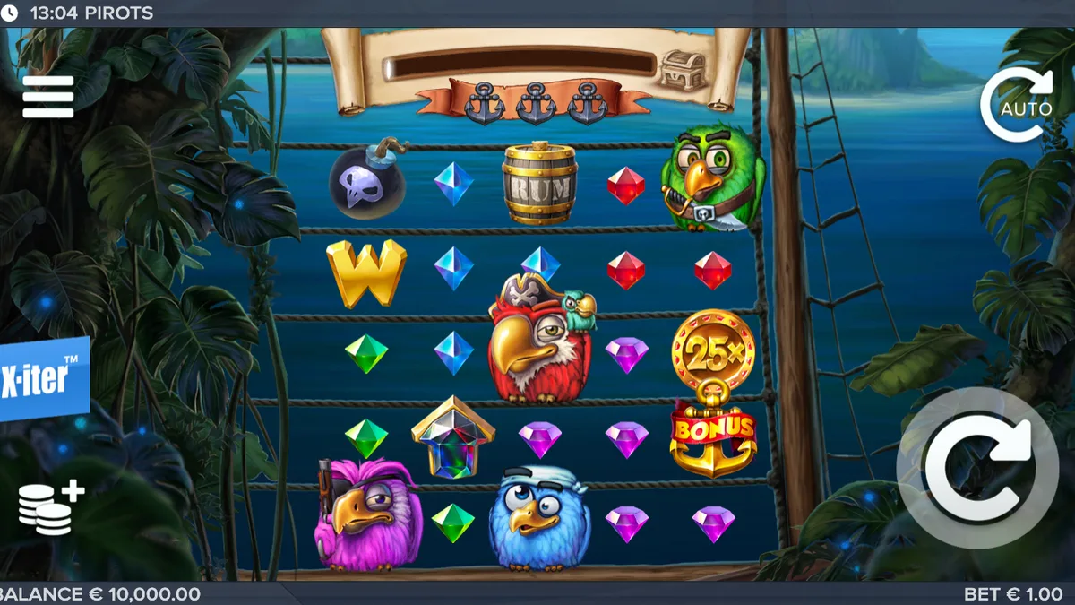 Pirots, la griglia di gioco con i quattro uccelli pirati, gemme colorate, un wild e una moneta